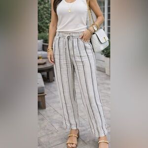 Rewash Pants Women L Beige Tan Stripes Linen Blend Elastic Waist